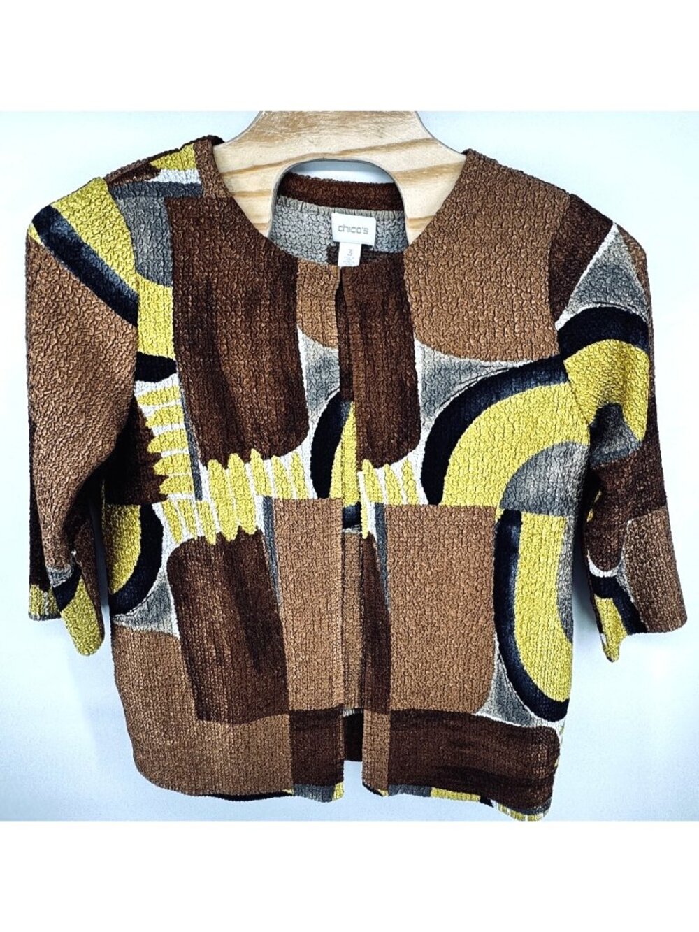 Chicos Size 3 Crushed Abstract 3/4 Sleeve Jacket and Tank Set Brown Gold Flowy
